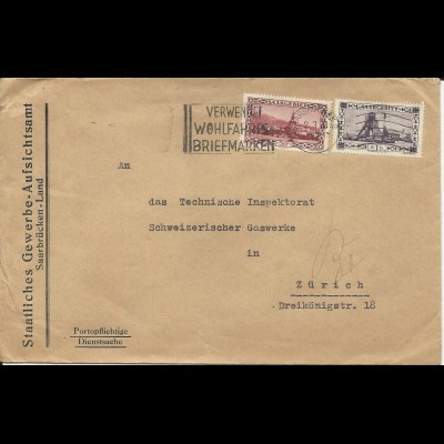 Saargebiet 1933, 50 C. +1 Fr. auf Dienstsache Brief v. Saarbrücken i.d. Schweiz