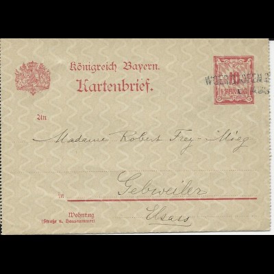 Bayern 1898, Aushilfs L2 Woerishofen auf 10 Pf. Kartenbrief