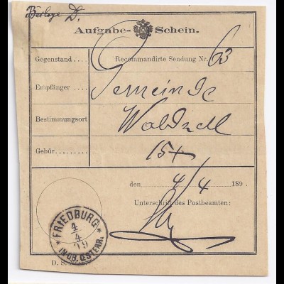 Österreich 1899, Friedburg, Oö.-K1 klar auf Formular Aufgabe-Schein. #1348