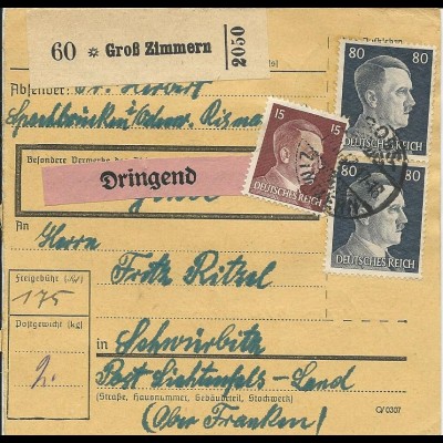 DR 1942, Groß Zimmern, Paketkarte m. DRINGEND Frankatur. 