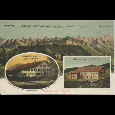 Weitnau, 1920 gebr. Farb-AK m. Gasthaus z. Krone u. Ökonomiegut v. A. Brehm 