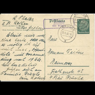 DR 1938, Rethen über Gifhorn, Landpost Stempel auf 6 Pf. Ganzsache
