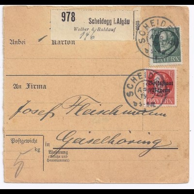 Bayern 1915, Scheidegg, 15+60 Pf. auf Paketkarte m. Selbstbucher-Zettel. #1089