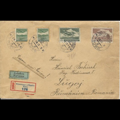 Tschechoslowakei 1932, 4 Marken auf Reko Luftpost Brief v. Turn n. Rumänien
