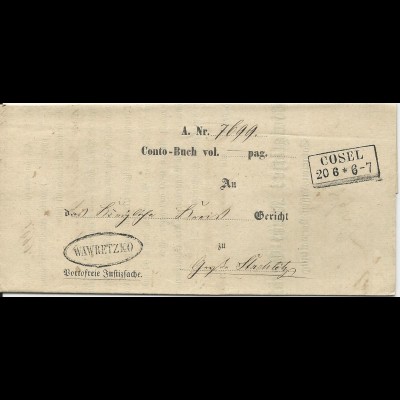Preussen 1865, R2 Cosel u. Beamten Stpl. Wawretzko auf Formular Amts Brief