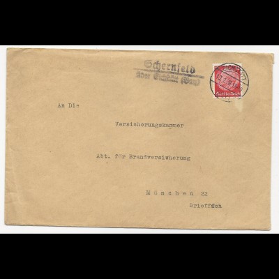 DR 1938, Landpost Stpl. Schernfeld über Eichstätt auf Brief m. 12 Pf.
