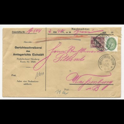 DR 1928, 5+30 Pf. Dienst Mischfrankatur auf Nachnahme Brief v. Eichstätt.