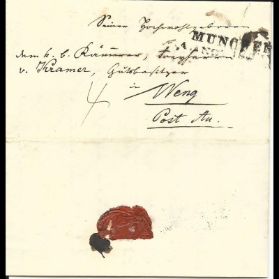 Bayern 1845, L2 München auf gesiegeltem Porto Brief n. Weng Post Aa