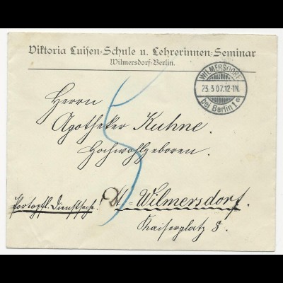 DR 1907, Luisen Schule Vordruck Brief v. Wilmersdorf b. Berlin. Porto "5" Pf.