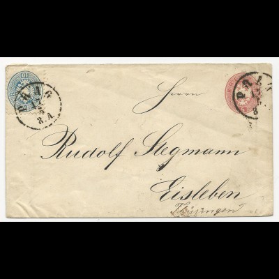 Österreich, 10 Kr. 1864 als Zusatzfrankatur auf 5 Kr. Ganzsache Brief v. Prag 
