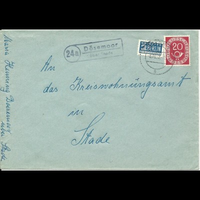 BRD 1952, 24a Dösemoor über Stade, Landpoststellen Stpl. auf Brief m. 20 Pf.