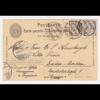 Schweiz 1906, Lausanne, Ganzsache mit Zusatz nach Baden-Baden. #2390