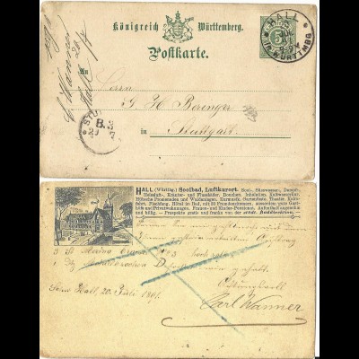 Württemberg 1891, 5 Pf. Ganzsache m. rs. Bildzudruck Solbad Hall, AK Vorläufer