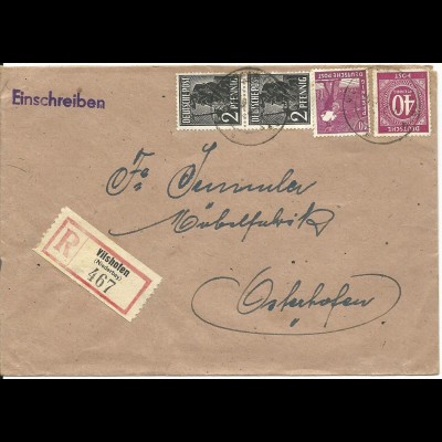 1947, Einschreiben Brief v. Vilshofen n. Osterhofen m. 4 Werten.