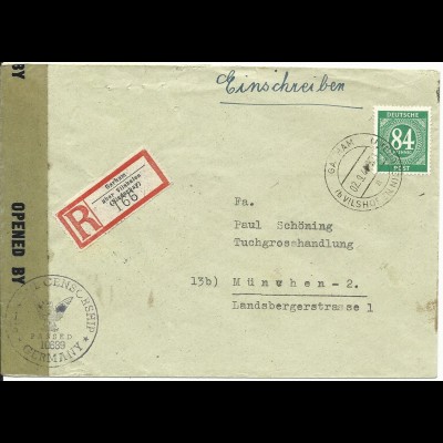 1946, EF 84 Pf. auf Einschreiben Zensur Brief v. Garham über Vilshofen