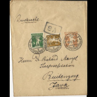 Schweiz 1921, 2+5 C. Zusatz auf 3 C. Streifband Ganzsache v. Basel n. Java #3066