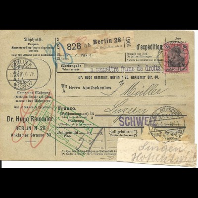 DR 1914, EF 80 Pf. auf Paketkarte v. Berlin i.d. Schweiz. Hds. Leitzettel!