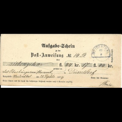 Bayern 1874, blauer HKS WEIDENTHAL auf Postschein f. Postanweisung