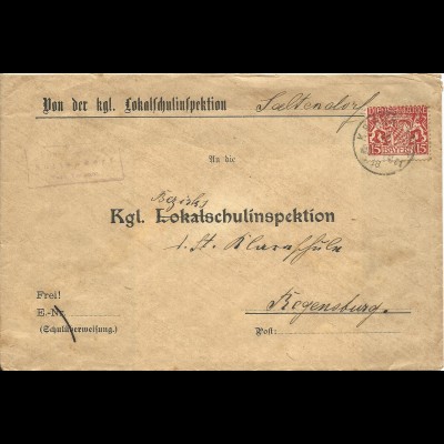 Bayern 1918, Posthilfstelle Saltendorf Taxe Teublitz auf Brief m. Bahnpost Stpl.