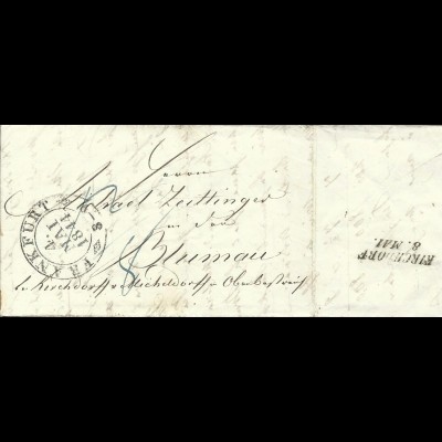 Taxis 1844, Porto Brief v. Frankfurt n. Blumau bei Kirchdorf, Österreich. 