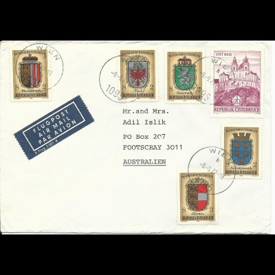 Österreich 1977, 20 S.+5x2 S. Wappen auf Luftpost Brief v. Wien n. Australien.