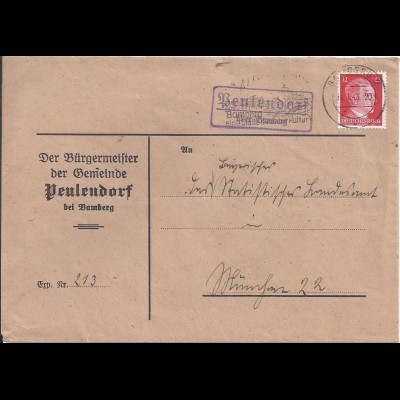 1943, Peulendorf über Bamberg, Landpost Stpl. auf Brief m. 12 Pf. #1212
