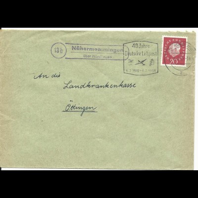 BRD 1959, Landpost Stpl. 13b Nähermemmingen über Nördlingen auf Brief m. 20 Pf. 