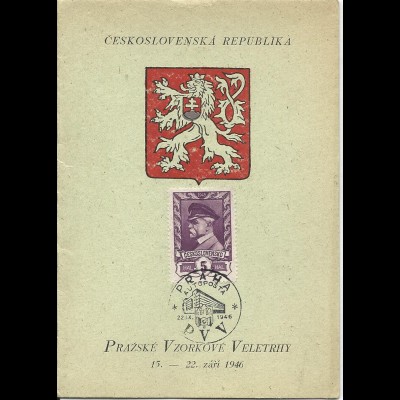 Tschechoslowakei 1946, Gedenkblatt m. 4 Marken u. Sonderstpl. Prag