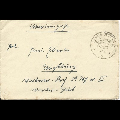 DR 1918, KD Marine Schiffspost No 87 (SMS Kurfürst) auf Feldpost Brief n. Bayern