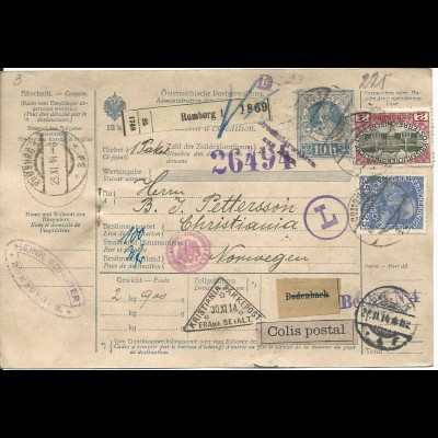 Österreich 1914, 2 Kr.+25 H. auf 10 H. Paketkarte v. Rumburg n. Norwegen.