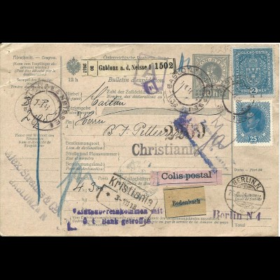 Österreich 1918, 2 Kr.+25 H. auf 10 H. Paketkarte v. Gablonz n. Norwegen.