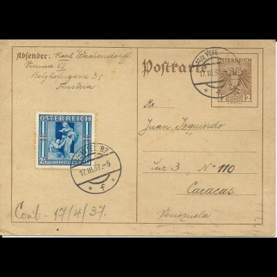 Österreich 1937, 24 Gr. Winterhilfe auf 12 Gr. Ganzsache v. Wien n. Venezuela.