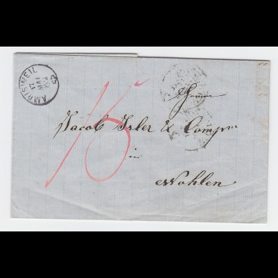 Schweiz 1862, Fingerhut Stpl. AMRISWEIL auf Porto Brief v. Eich n. Wohlen