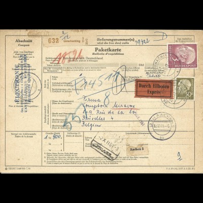 BRD 1961, 3 m.+50 Pf. Heuss auf Eilboten Paketkarte v. Unterhaching n. Belgien