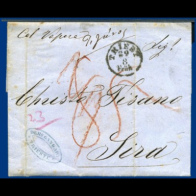 Österreich 1857, Porto Brief 2/9 (Kr.) v. Triest n. Griechenland. 85 Lepta