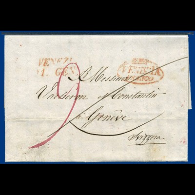 Italien 1843, Venezia + Venezia Franco in rot auf Grenzfranco Brief i.d. Schweiz