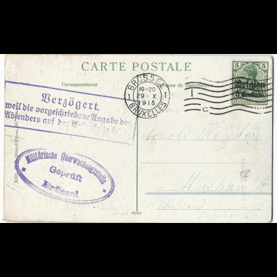 Dt. Besetzg. Belgien 1917, 5 C./5 Pf. auf Karte m. Zensur - Verzögerungsstpl.