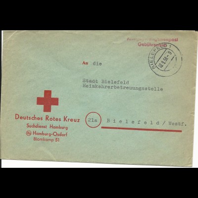 BRD 1958, Rotes Kreuz KGF POW Suchdienst Orts Brief v. Bielefeld. Gebührenfrei!