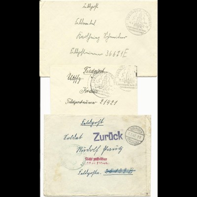 Feldpost WK II 1939/42, 3 Brief v. Usingen, 1mal "Zurück", "Nicht zustellbar.."