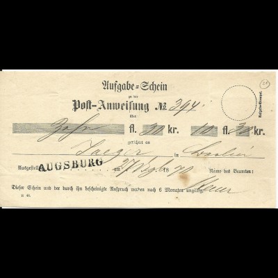 Bayern 1870, L1 Augsburg auf Postschein f. eine Postanweisung