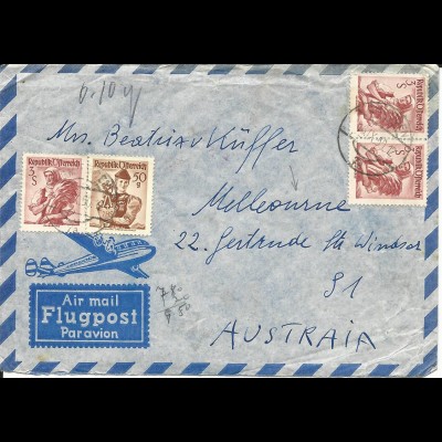 Österreich 1950, 50 G.+3x3 S. Trachten auf Brief v. Gmunden n. Australien 