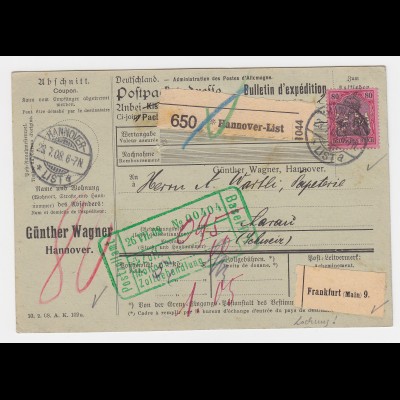 DR 1908, 80 Pf Germania m. perfin auf Paketkarte v. Hannover List i.d. Schweiz