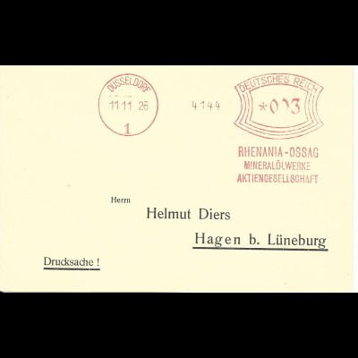 DR 1926, Maschinen Freistempel Rhenania Ossag Düsseldorf auf Blanco Karte
