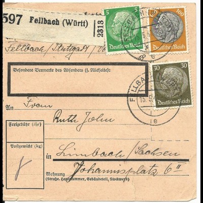 DR 1941, 5+30+100 Pf. auf Paketkarte v. Fellbach