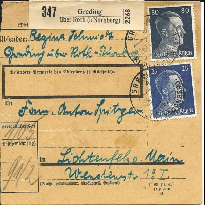DR 1942, 80+25 Pf. auf Paketkarte v. Greding über Roth.
