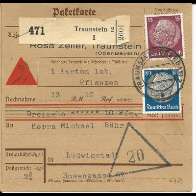 DR 1942, 80+15 Pf. auf Nachnahme Paketkarte v. Traunstein.
