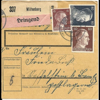 DR 1942, 80+60+15 Pf. auf Dringend Paketkarte v. Miltenberg.