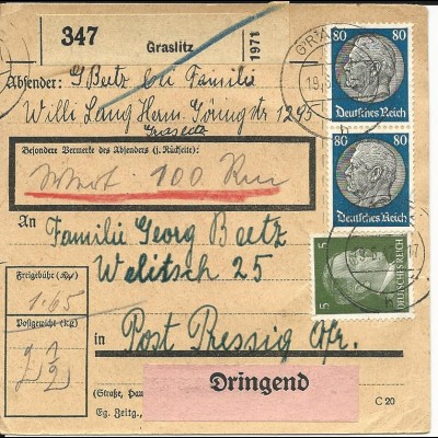 DR 1942, Paar 80+15 Pfg. auf Dringend Wert-Paketkarte v. Graslitz Tschechien