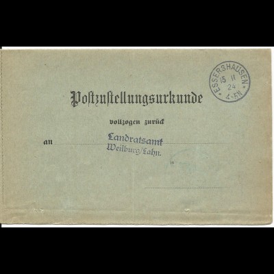 DR 1924, Post Zustell Urkunde v. ESSERSHAUSEN n. Weilburg.