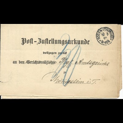 DR 1892, Post Zustell Urkunde v. SODEN (Taunus) n. Königstein. Porto "30" Pfg.